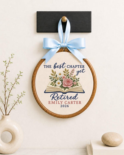 Personalized Retirement Embroidered Ornament, Custom Retired Teacher Gift, Floral Book Keepsake, Coworker Retirement Gift, Retirement Decor