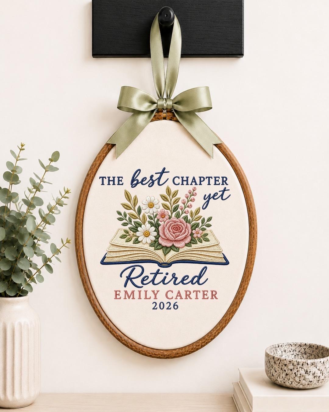 Personalized Retirement Embroidered Ornament, Custom Retired Teacher Gift, Floral Book Keepsake, Coworker Retirement Gift, Retirement Decor