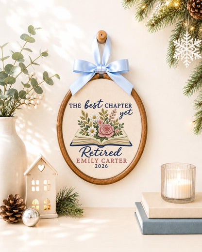 Personalized Retirement Embroidered Ornament, Custom Retired Teacher Gift, Floral Book Keepsake, Coworker Retirement Gift, Retirement Decor