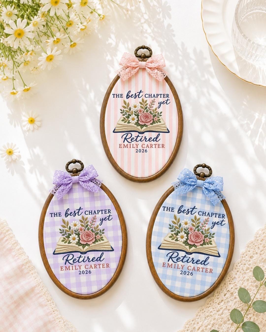 Personalized Retirement Embroidered Ornament, Custom Retired Teacher Gift, Floral Book Keepsake, Coworker Retirement Gift, Retirement Decor