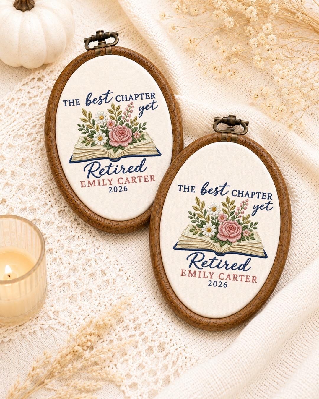 Personalized Retirement Embroidered Ornament, Custom Retired Teacher Gift, Floral Book Keepsake, Coworker Retirement Gift, Retirement Decor