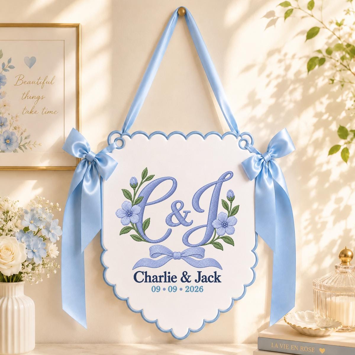 Personalized Monogram Scalloped Banner, Custom Name Charlie Jack Embroidered C&J Blue Bow Floral Wedding Wall Sign Decor