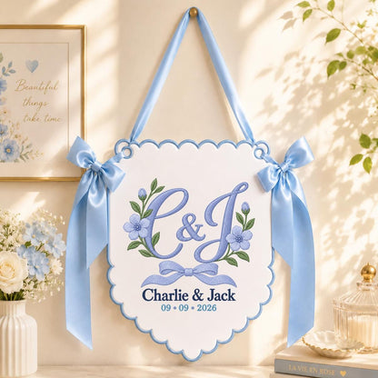 Personalized Monogram Scalloped Banner, Custom Name Charlie Jack Embroidered C&J Blue Bow Floral Wedding Wall Sign Decor