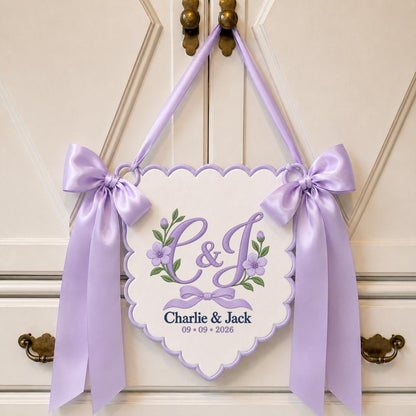 Personalized Monogram Scalloped Banner, Custom Name Charlie Jack Embroidered C&J Blue Bow Floral Wedding Wall Sign Decor