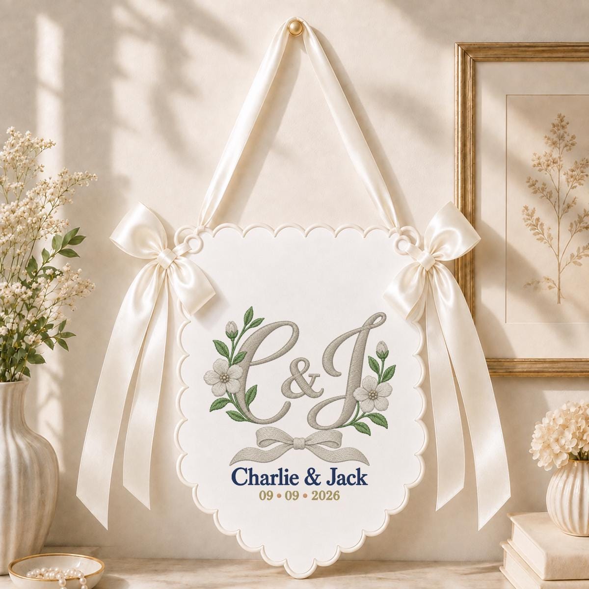 Personalized Monogram Scalloped Banner, Custom Name Charlie Jack Embroidered C&J Blue Bow Floral Wedding Wall Sign Decor