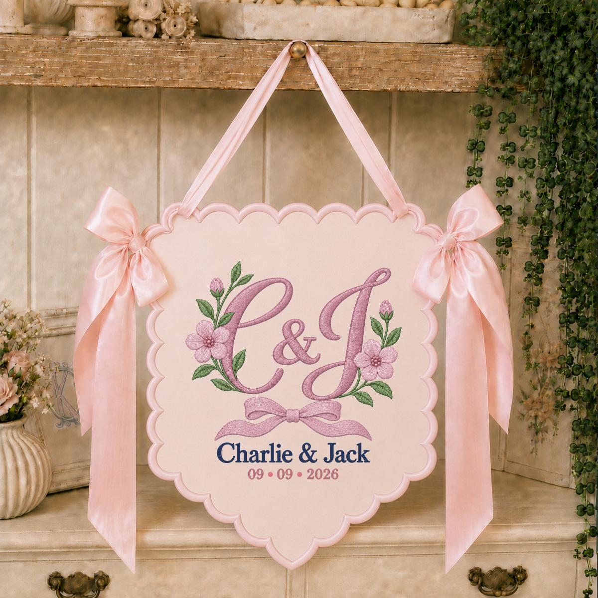 Personalized Monogram Scalloped Banner, Custom Name Charlie Jack Embroidered C&J Blue Bow Floral Wedding Wall Sign Decor