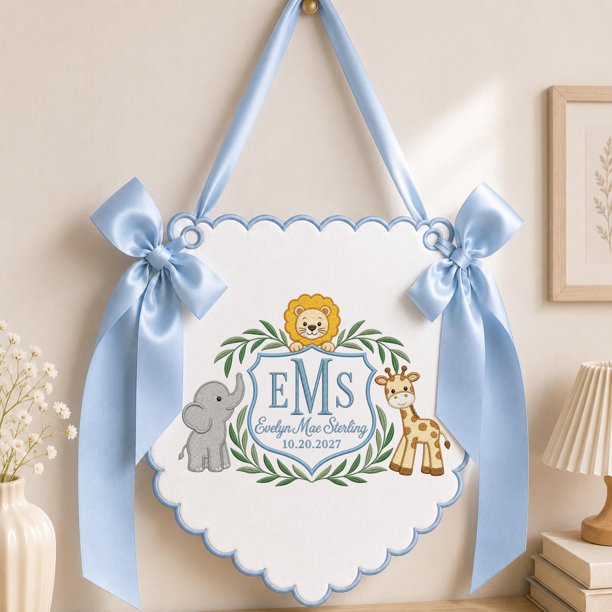 Personalized Safari Baby Monogram Banner, Embroidered Lion Elephant Giraffe Name Sign, Custom Baby Girl Nursery Decor, Newborn Gift
