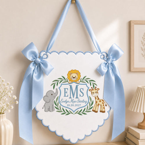 Personalized Safari Baby Monogram Banner, Embroidered Lion Elephant Giraffe Name Sign, Custom Baby Girl Nursery Decor, Newborn Gift