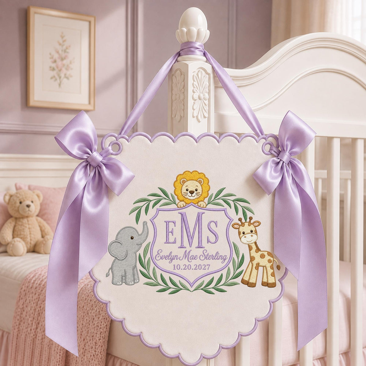 Personalized Safari Baby Monogram Banner, Embroidered Lion Elephant Giraffe Name Sign, Custom Baby Girl Nursery Decor, Newborn Gift
