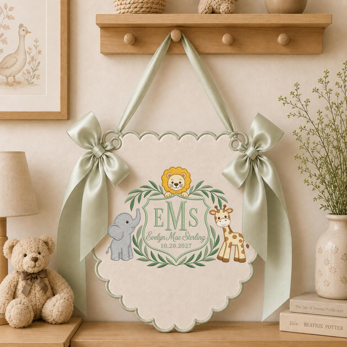 Personalized Safari Baby Monogram Banner, Embroidered Lion Elephant Giraffe Name Sign, Custom Baby Girl Nursery Decor, Newborn Gift