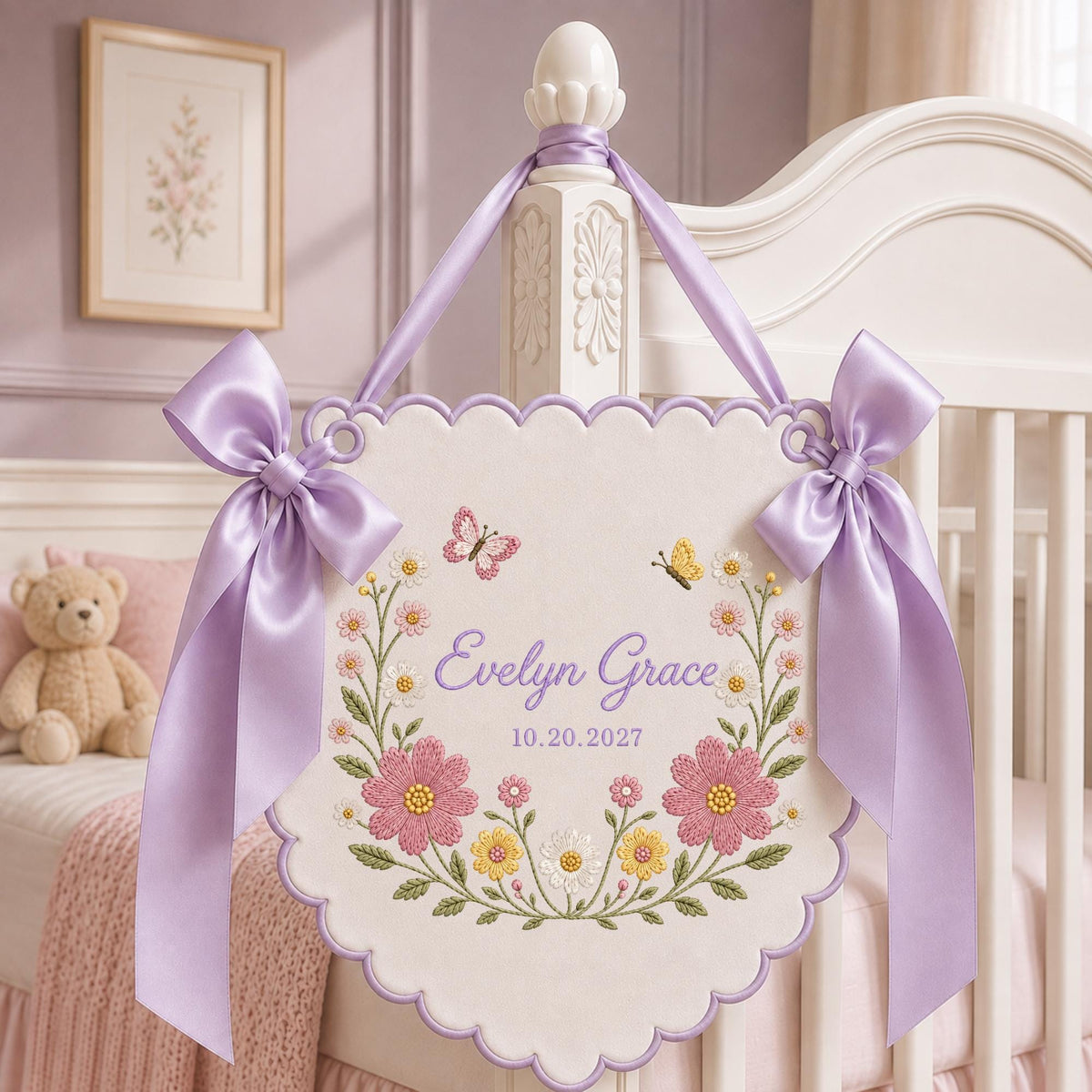 Personalized Wildflower Baby Name Banner, Embroidered Floral Nursery Name Sign, Butterfly Baby Girl Wall , Custom Birth Announcement Gift
