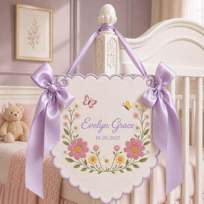 Personalized Wildflower Baby Name Banner, Embroidered Floral Nursery Name Sign, Butterfly Baby Girl Wall , Custom Birth Announcement Gift
