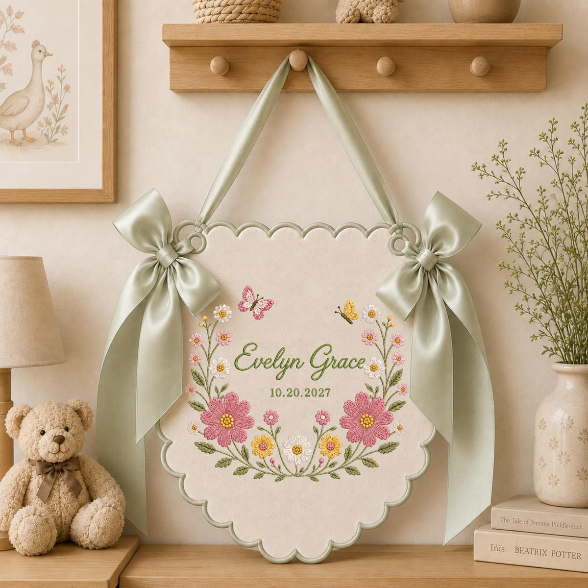 Personalized Wildflower Baby Name Banner, Embroidered Floral Nursery Name Sign, Butterfly Baby Girl Wall , Custom Birth Announcement Gift
