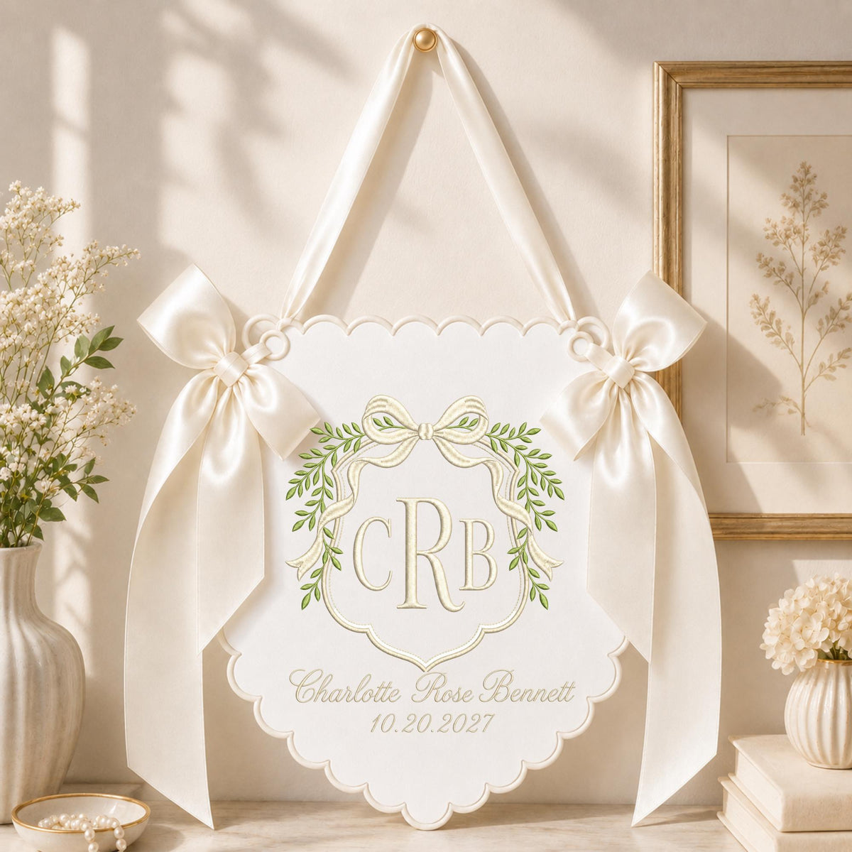Personalized Baby Monogram Banner, Embroidered Bow Name Sign, Custom Baby Girl Nursery Wall Hanging, Birth Announcement Gift