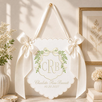 Personalized Baby Monogram Banner, Embroidered Bow Name Sign, Custom Baby Girl Nursery Wall Hanging, Birth Announcement Gift