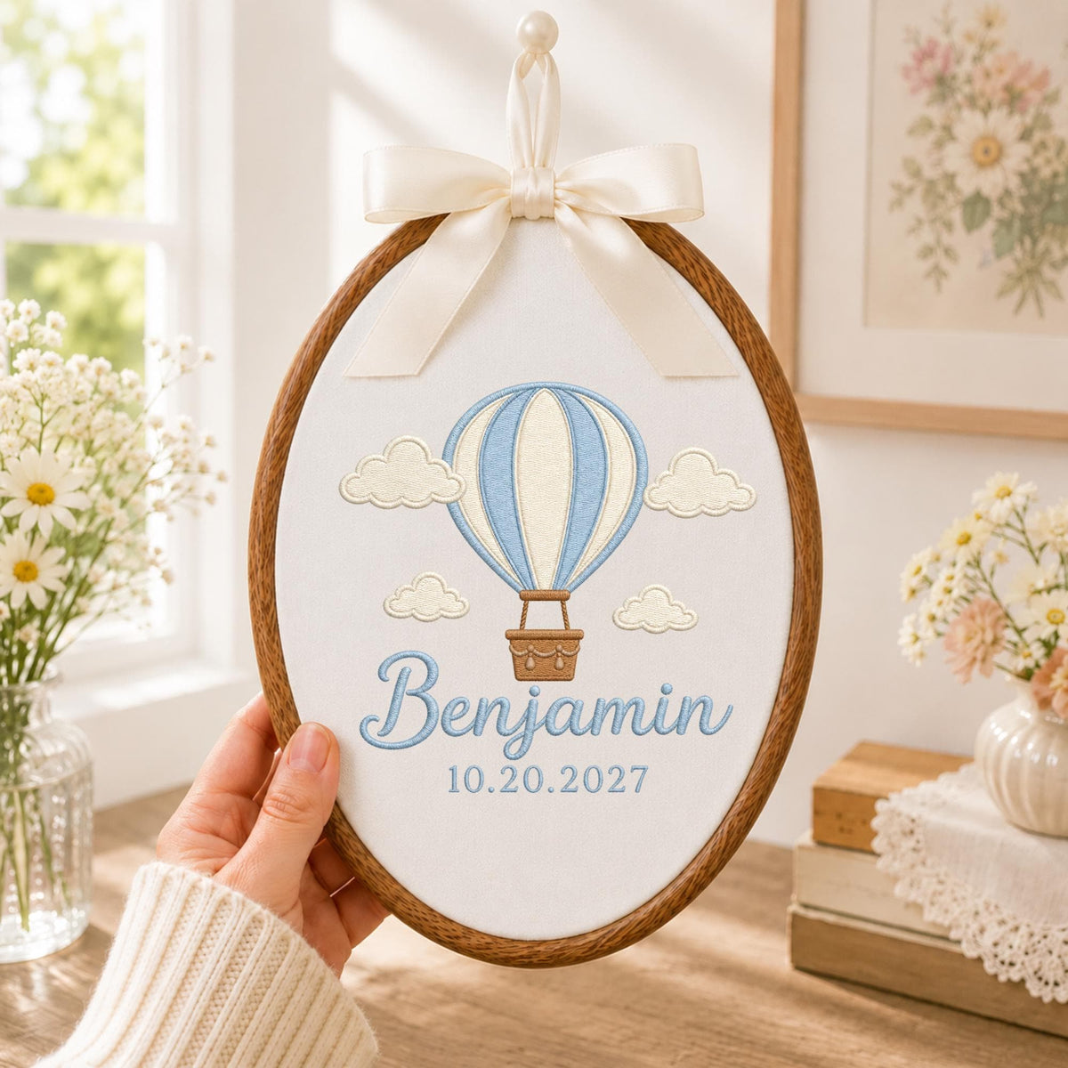 Personalized Hot Air Balloon Embroidered Ornament, Custom Baby Name Nursery Keepsake, Baby Boy Birth Gift, Balloon Nursery Decor