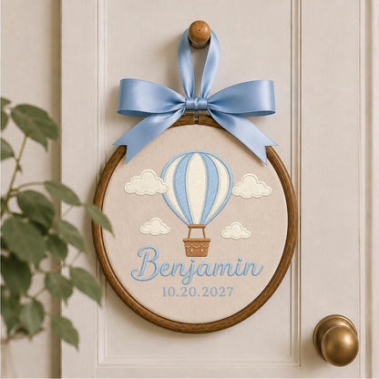 Personalized Hot Air Balloon Embroidered Ornament, Custom Baby Name Nursery Keepsake, Baby Boy Birth Gift, Balloon Nursery Decor