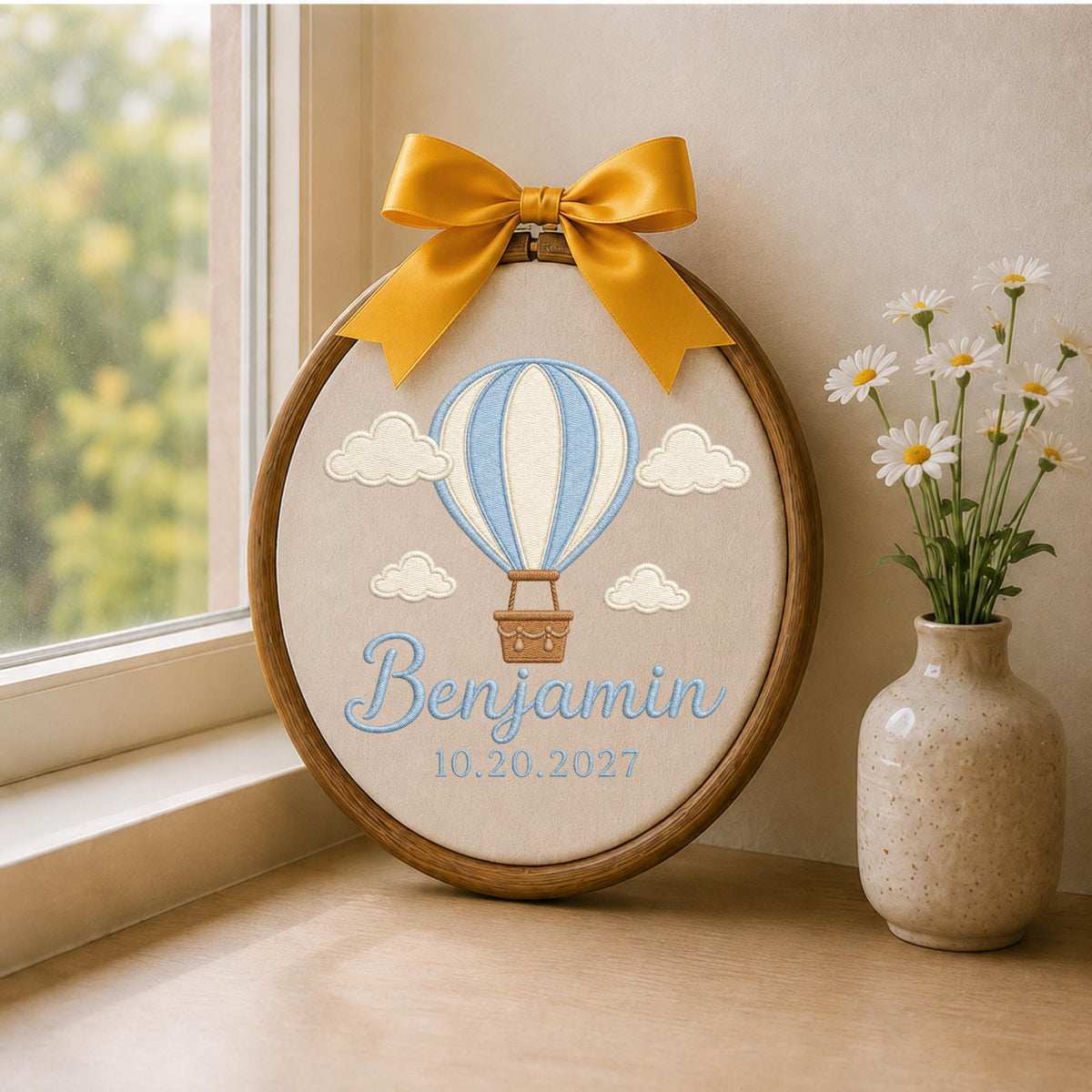 Personalized Hot Air Balloon Embroidered Ornament, Custom Baby Name Nursery Keepsake, Baby Boy Birth Gift, Balloon Nursery Decor