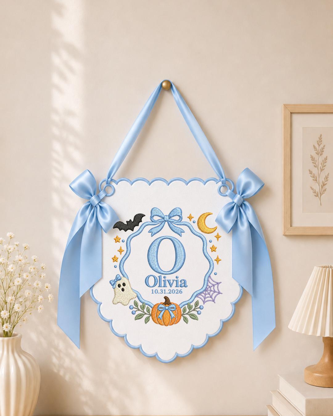 Personalized Embroidered Halloween Baby Name Banner, Custom First Halloween Nursery Sign, Pumpkin Ghost Wall Decor, Baby Halloween Gift