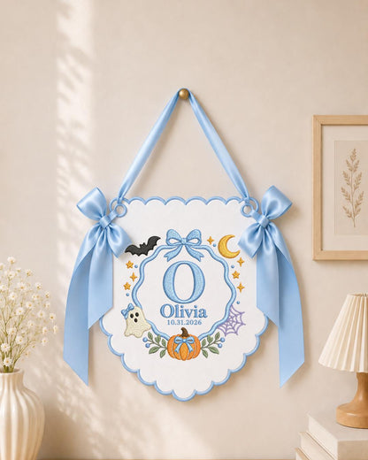 Personalized Embroidered Halloween Baby Name Banner, Custom First Halloween Nursery Sign, Pumpkin Ghost Wall Decor, Baby Halloween Gift
