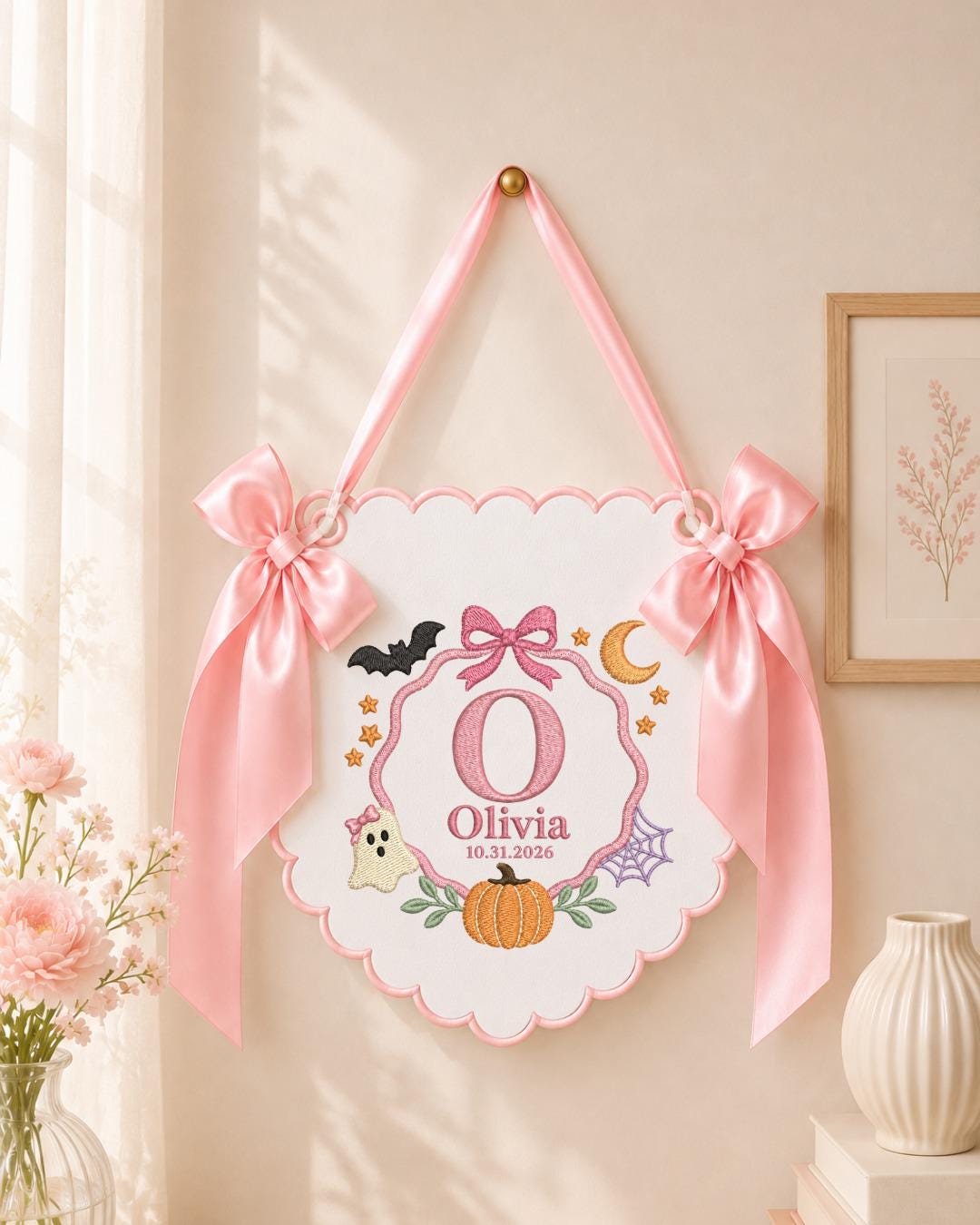 Personalized Embroidered Halloween Baby Name Banner, Custom First Halloween Nursery Sign, Pumpkin Ghost Wall Decor, Baby Halloween Gift