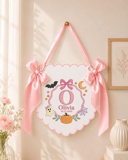 Personalized Embroidered Halloween Baby Name Banner, Custom First Halloween Nursery Sign, Pumpkin Ghost Wall Decor, Baby Halloween Gift