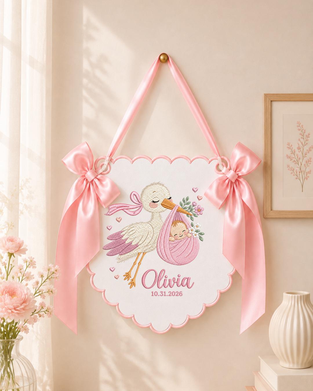 Personalized Embroidered Baby Announcement Banner, Custom Stork Baby Name Sign, Newborn Nursery Wall Decor, Baby Shower Gift