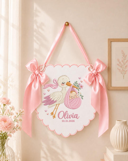 Personalized Embroidered Baby Announcement Banner, Custom Stork Baby Name Sign, Newborn Nursery Wall Decor, Baby Shower Gift