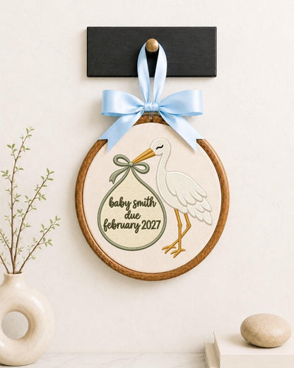 Personalized Pregnancy Announcement Embroidered Ornament, Baby Due Date Keepsake, Stork Baby Announcement Gift, Expecting Parents Ornament