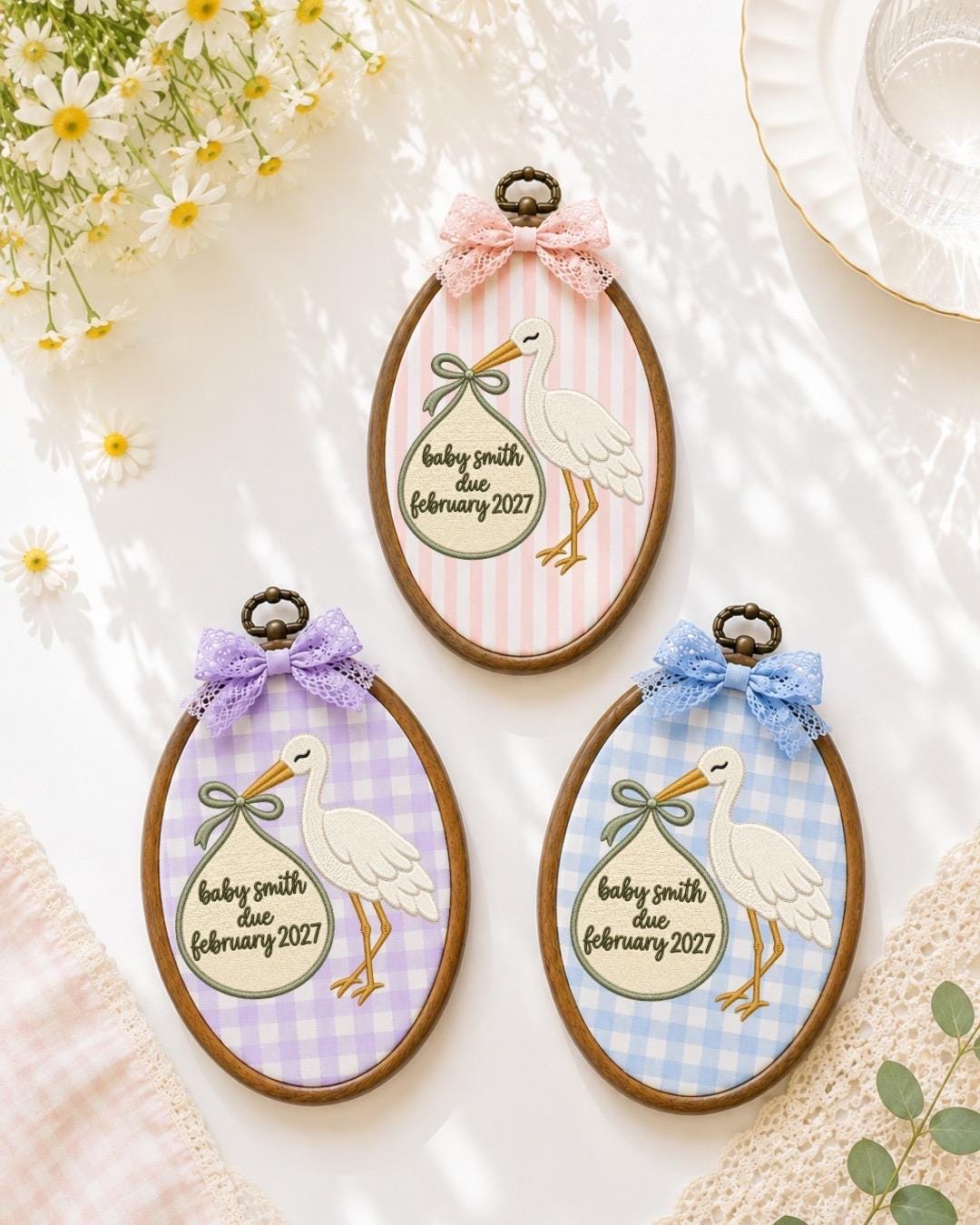 Personalized Pregnancy Announcement Embroidered Ornament, Baby Due Date Keepsake, Stork Baby Announcement Gift, Expecting Parents Ornament