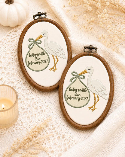 Personalized Pregnancy Announcement Embroidered Ornament, Baby Due Date Keepsake, Stork Baby Announcement Gift, Expecting Parents Ornament