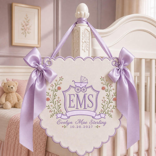 Personalized Baby Monogram Banner, Embroidered Baby Carriage Name Sign, Custom Floral Birth Announcement, Nursery Wall Decor, Newborn Gift