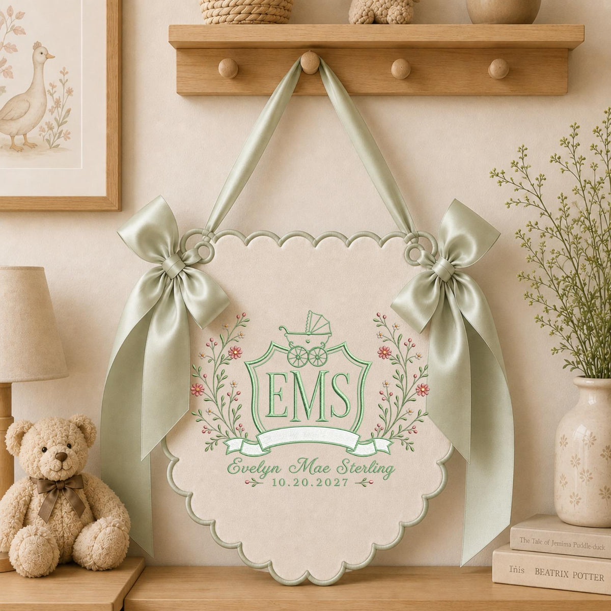 Personalized Baby Monogram Banner, Embroidered Baby Carriage Name Sign, Custom Floral Birth Announcement, Nursery Wall Decor, Newborn Gift