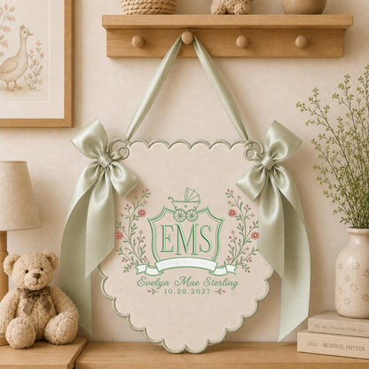 Personalized Baby Monogram Banner, Embroidered Baby Carriage Name Sign, Custom Floral Birth Announcement, Nursery Wall Decor, Newborn Gift