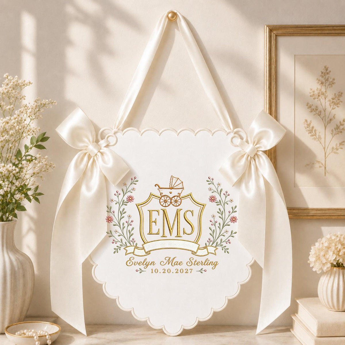 Personalized Baby Monogram Banner, Embroidered Baby Carriage Name Sign, Custom Floral Birth Announcement, Nursery Wall Decor, Newborn Gift