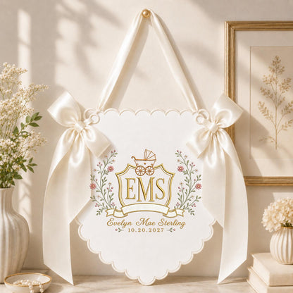 Personalized Baby Monogram Banner, Embroidered Baby Carriage Name Sign, Custom Floral Birth Announcement, Nursery Wall Decor, Newborn Gift
