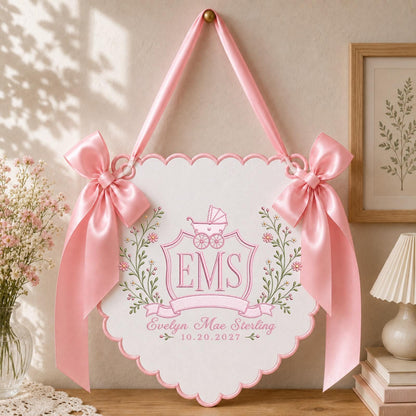 Personalized Baby Monogram Banner, Embroidered Baby Carriage Name Sign, Custom Floral Birth Announcement, Nursery Wall Decor, Newborn Gift