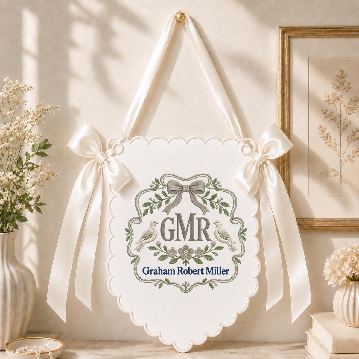 Personalized Heirloom Crest Scalloped Banner Decor, Custom Embroidered Name Initial Dove Ribbon Nursery Keepsake Wall Hanging