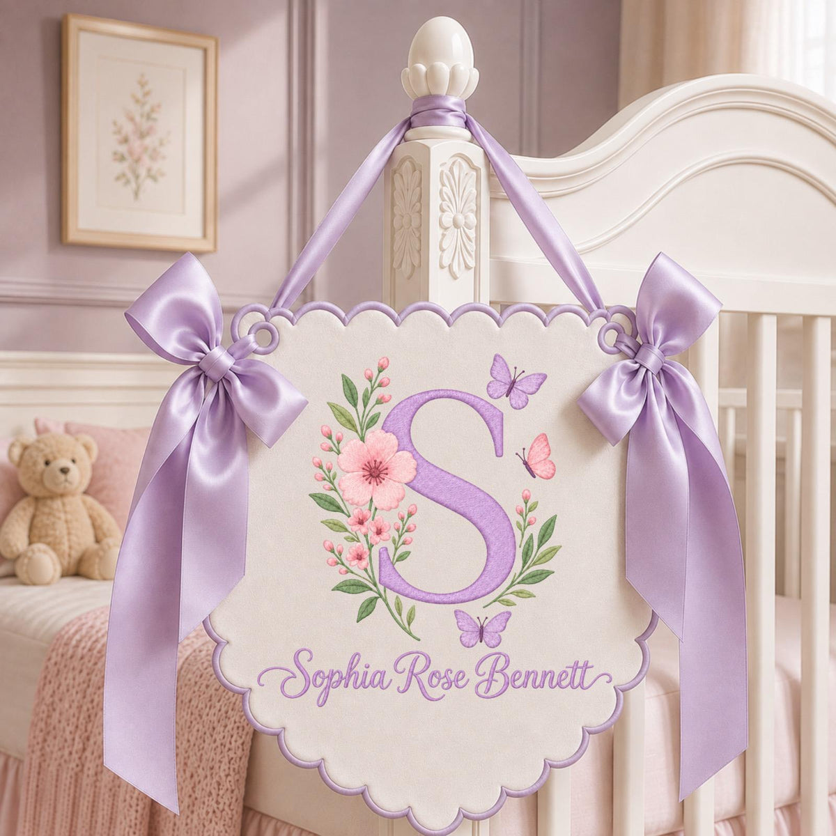 Personalized Floral Monogram Banner, Embroidered Baby Girl Name Sign, Butterfly Nursery Wall Decor, Custom Initial Birth Announcement Gift