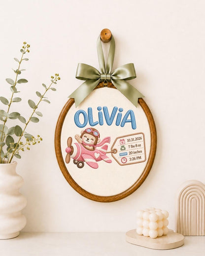 Personalized Baby Birth Stats Embroidered Ornament, Custom Baby Name Airplane Hoop, Newborn Birth Announcement, Baby Girl Keepsake