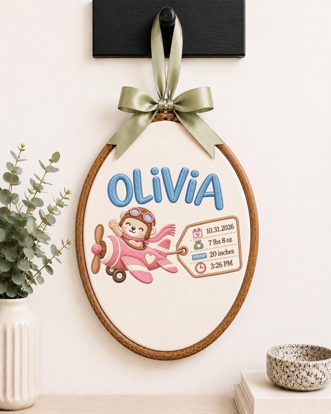 Personalized Baby Birth Stats Embroidered Ornament, Custom Baby Name Airplane Hoop, Newborn Birth Announcement, Baby Girl Keepsake