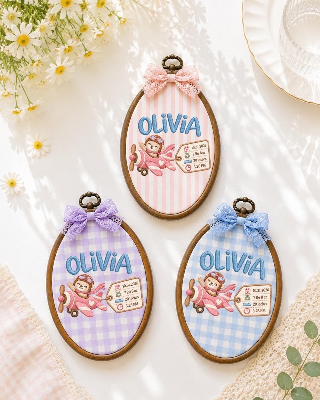 Personalized Baby Birth Stats Embroidered Ornament, Custom Baby Name Airplane Hoop, Newborn Birth Announcement, Baby Girl Keepsake