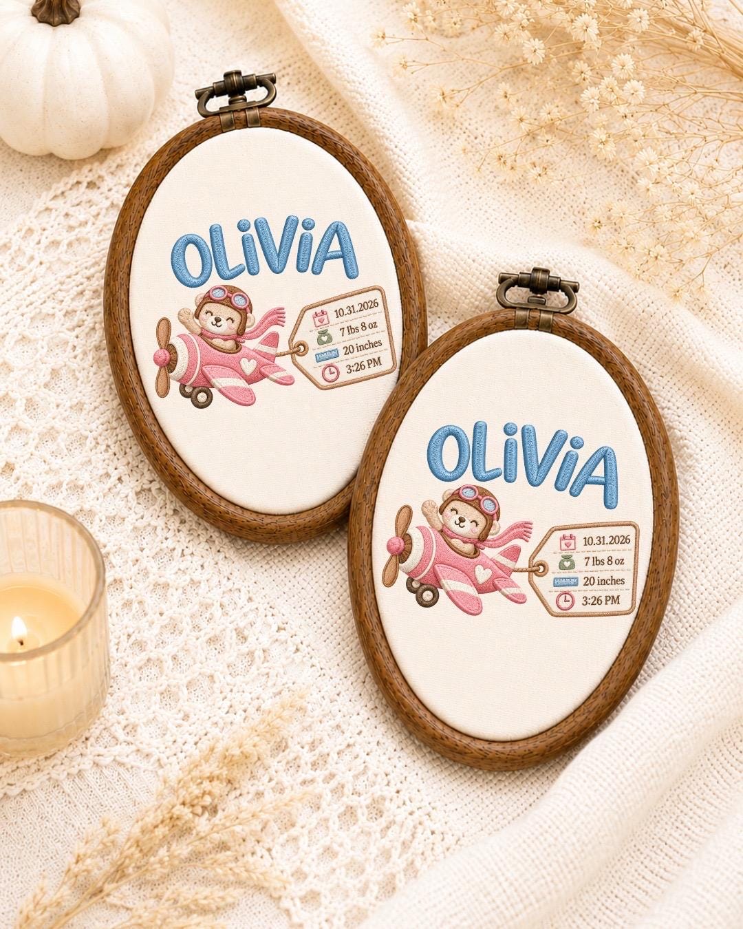 Personalized Baby Birth Stats Embroidered Ornament, Custom Baby Name Airplane Hoop, Newborn Birth Announcement, Baby Girl Keepsake