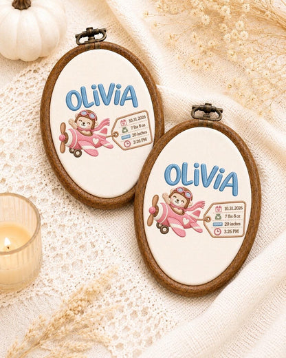 Personalized Baby Birth Stats Embroidered Ornament, Custom Baby Name Airplane Hoop, Newborn Birth Announcement, Baby Girl Keepsake