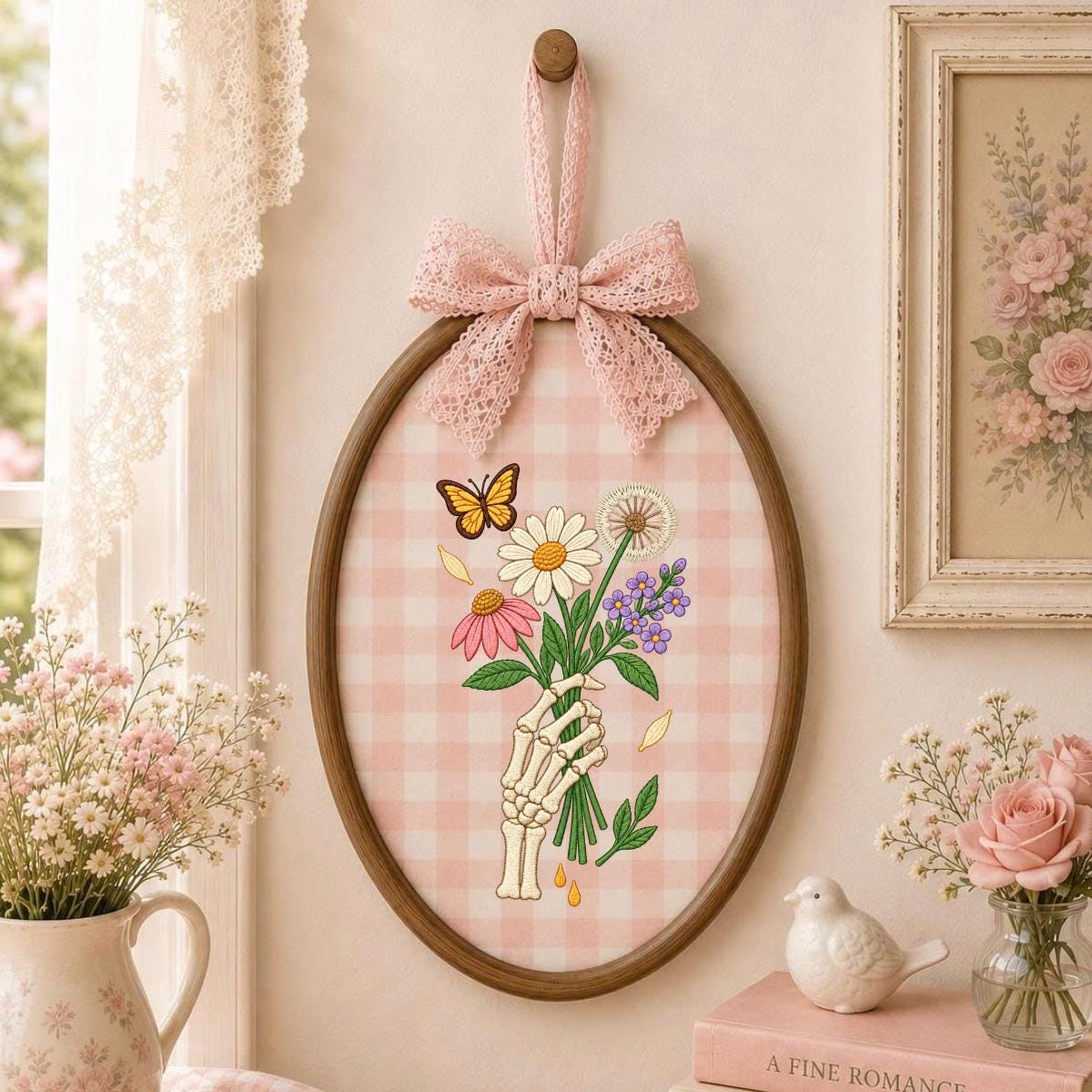 Embroidered Skeleton Hand Bouquet Oval Hoop Decor, Lavender Bow Wildflower Daisy Dandelion Wall Art, Whimsical Goth Botanical Home Sign