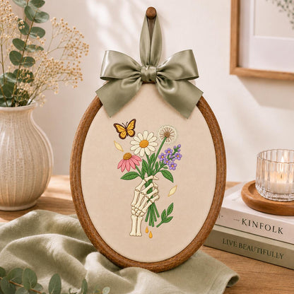 Embroidered Skeleton Hand Bouquet Oval Hoop Decor, Lavender Bow Wildflower Daisy Dandelion Wall Art, Whimsical Goth Botanical Home Sign
