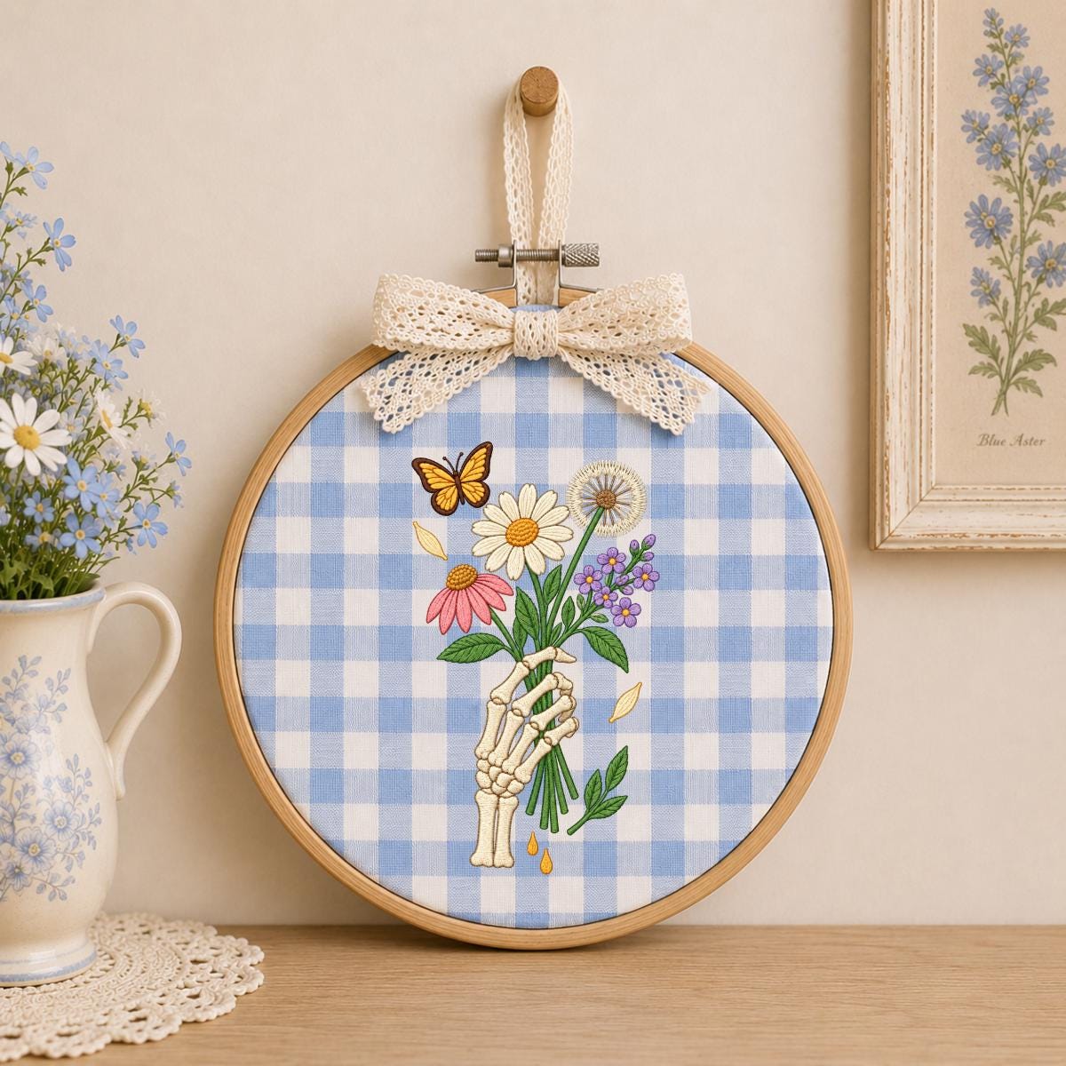 Embroidered Skeleton Hand Bouquet Oval Hoop Decor, Lavender Bow Wildflower Daisy Dandelion Wall Art, Whimsical Goth Botanical Home Sign