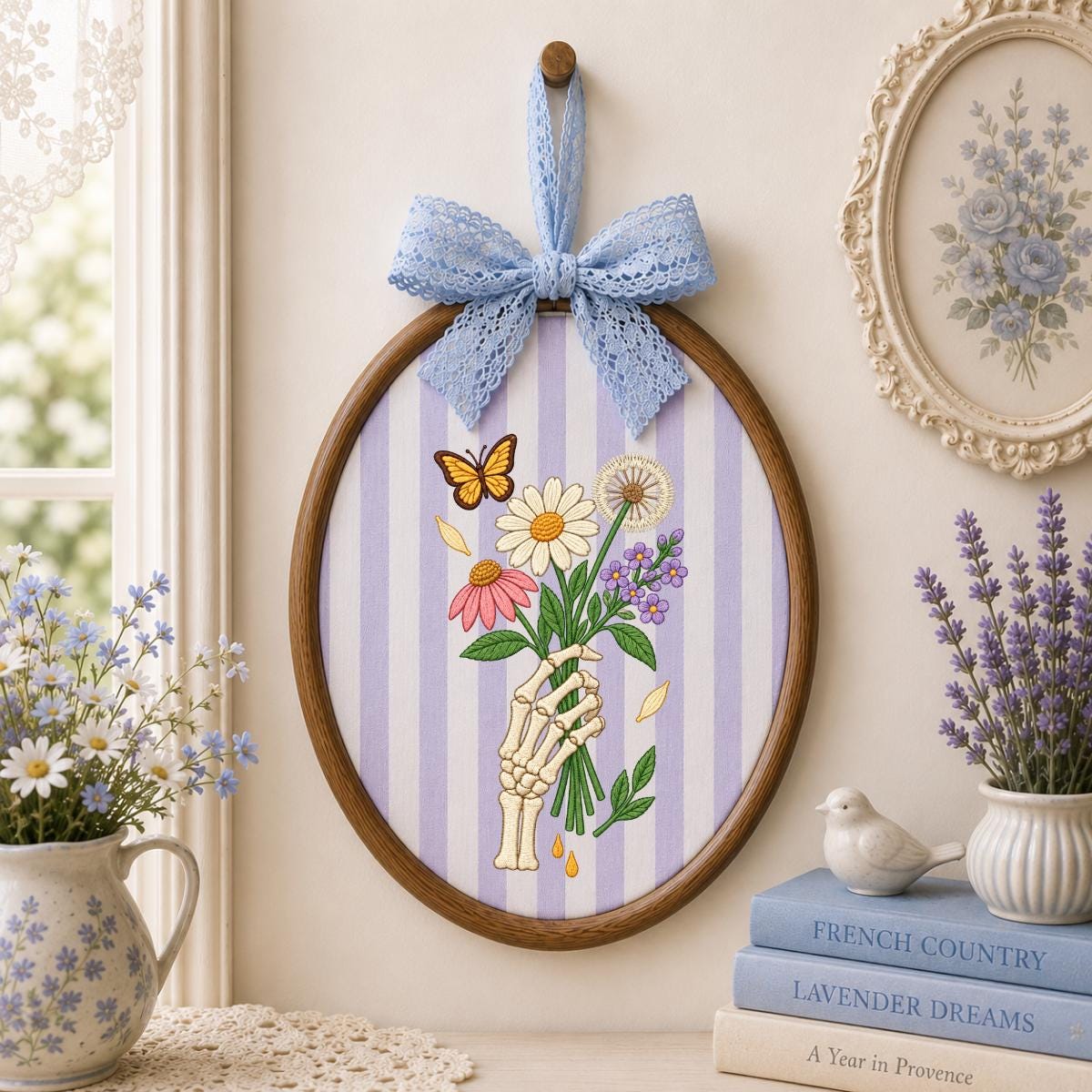 Embroidered Skeleton Hand Bouquet Oval Hoop Decor, Lavender Bow Wildflower Daisy Dandelion Wall Art, Whimsical Goth Botanical Home Sign
