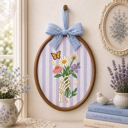 Embroidered Skeleton Hand Bouquet Oval Hoop Decor, Lavender Bow Wildflower Daisy Dandelion Wall Art, Whimsical Goth Botanical Home Sign