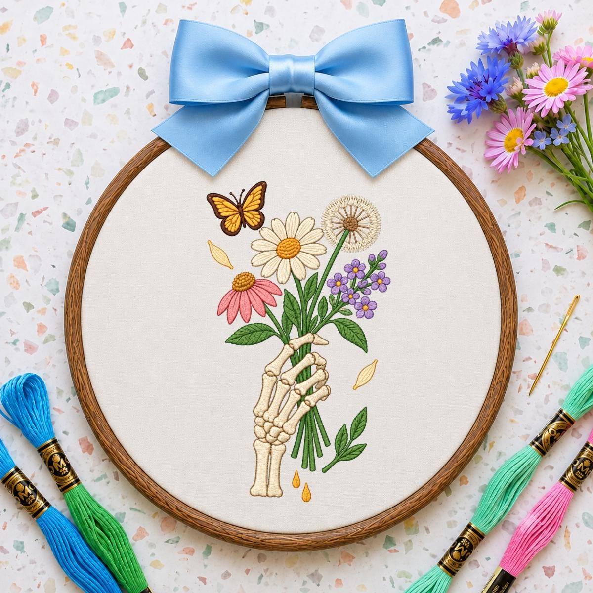 Embroidered Skeleton Hand Bouquet Oval Hoop Decor, Lavender Bow Wildflower Daisy Dandelion Wall Art, Whimsical Goth Botanical Home Sign